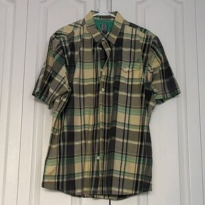 Volcom Men's Beige and Green Plaid Button Down Shirt